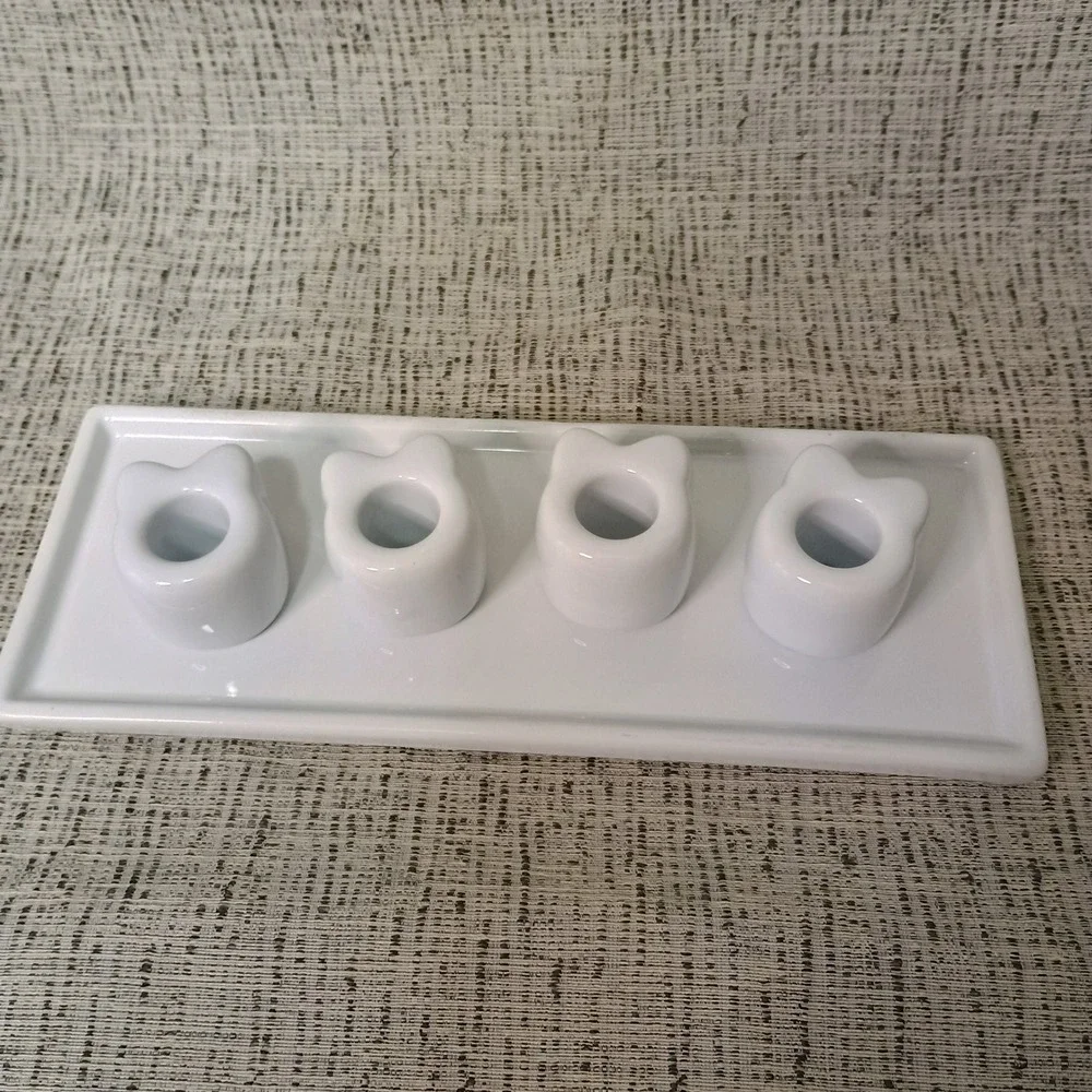 Cat Lady Box White Ceramic Cat Toothbrush Holders and Tray Set 5 Piece NEW
